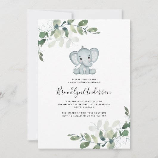 Invitation Baby shower Eucalyptus Eléphant mignon (Devant)