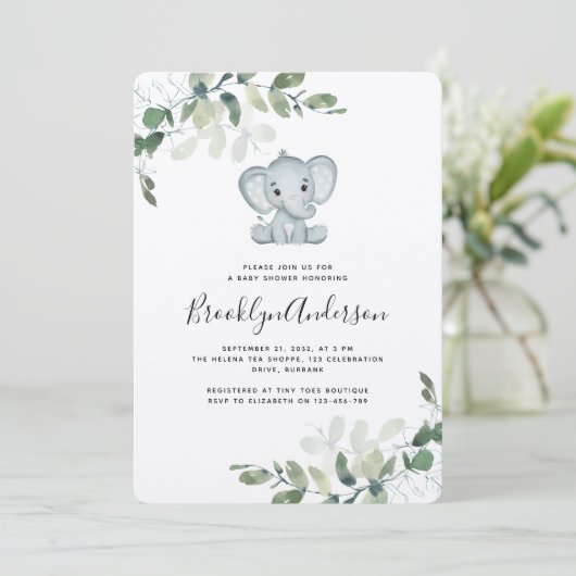 Invitation Baby shower Eucalyptus Eléphant Rustique Kraft (Debout devant)