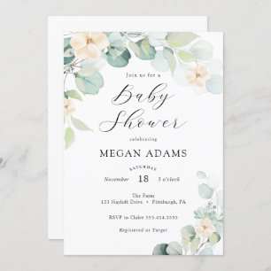 Invitation Baby shower Eucalyptus et Fleurs Blanch
