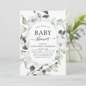 Invitation Baby shower Eucalyptus Floral Roses Blanches Verdu (Debout devant)