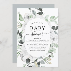 Invitation Baby shower Eucalyptus Floral Roses Blanches Verdu
