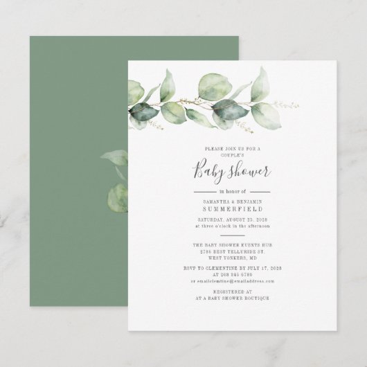 Invitation Baby shower Eucalyptus Foliage Elégant Couples (Devant / Derrière)