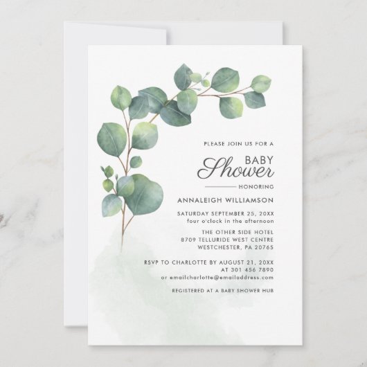 Invitation Baby shower Eucalyptus Foliage Script (Devant)