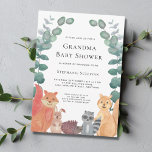 Invitation Baby shower Eucalyptus Grandma Animaux des bois<br><div class="desc">L'Invitation à Baby shower de cette grand-mère est décorée d'animaux de bois d'aquarelle et de végétation d'eucalyptus. De mignons amis de la forêt renard, raton laveur, hérisson, lapin et écureuil assis ensemble. entouré de feuillage vert. Facile à personnaliser. Parce que nous créons notre oeuvre, vous ne trouverez pas cette image...</div>