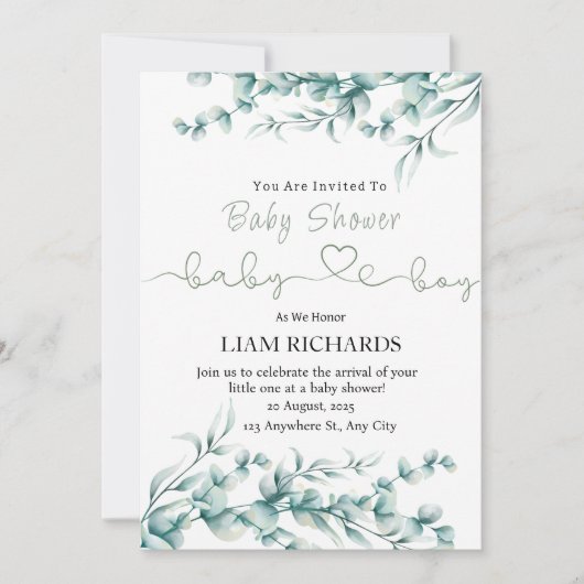 Invitation Baby shower Eucalyptus Green (Devant)