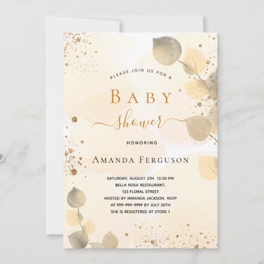 Invitation Baby shower eucalyptus parties scintillant chute d (Devant)