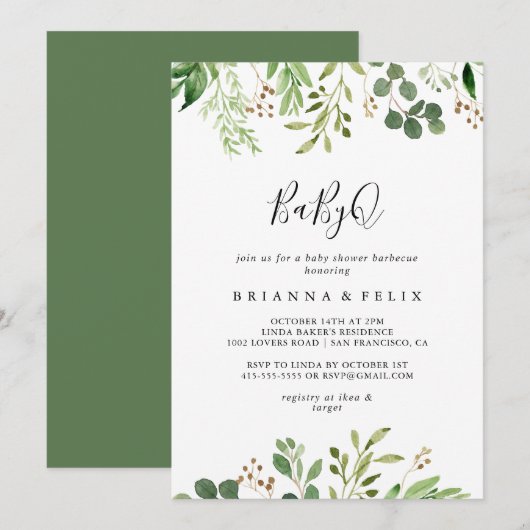 Invitation Baby shower Eucalyptus simple BabyQ Barbecue (Devant / Derrière)