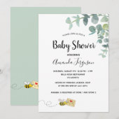 Invitation Baby shower eucalyptus verdure abeille mignonne (Devant / Derrière)