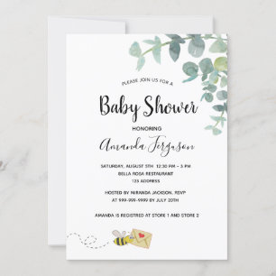 Invitation Baby shower eucalyptus verdure abeille mignonne