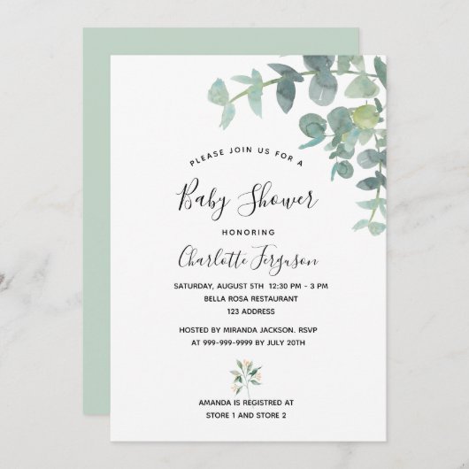 Invitation Baby shower eucalyptus verdure blanc élégant (Devant / Derrière)