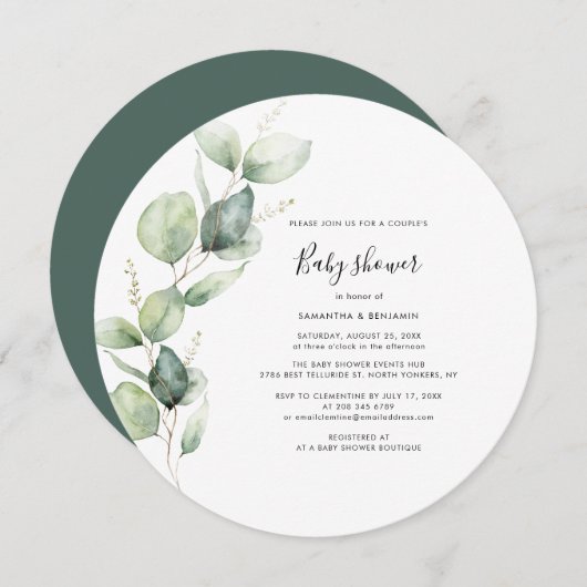 Invitation Baby shower Eucalyptus Verdure Script Couples (Devant / Derrière)
