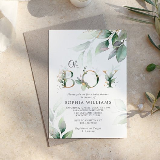 Invitation Baby shower Eucalyptus vert et or