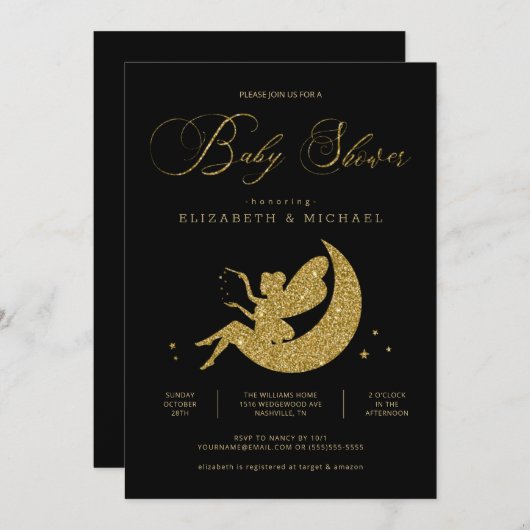 Invitation Baby shower Fairy Gold Black Parties scintillant f (Devant / Derrière)