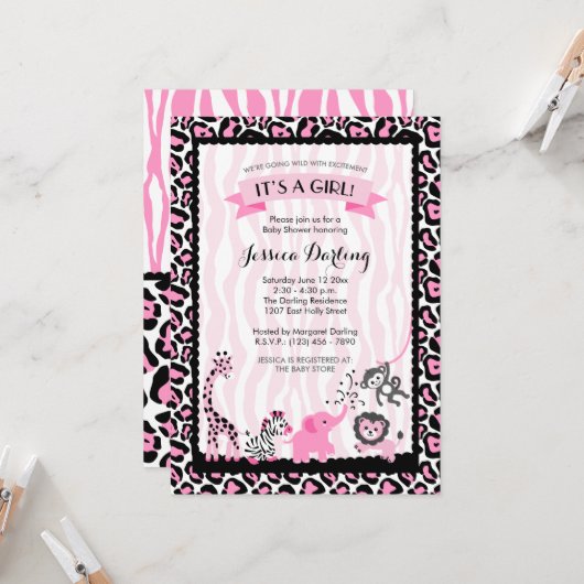 Invitation Baby shower Fancy Pink & Black Safari fille (Devant/Arrière en situation)