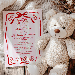 Invitation Baby-Shower Fantaisiste Dessin Main Rose & Rouge D