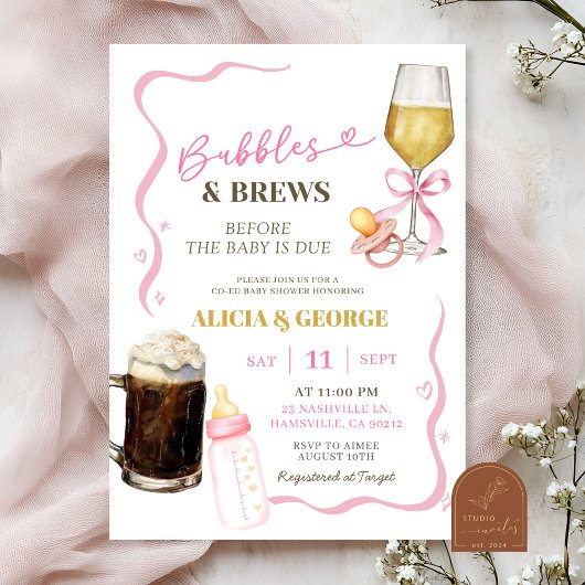 Invitation Baby-Shower Fantaisiste Dessiné à la Main Rose