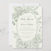 Invitation Baby Shower Fantaisiste Floral Doodle Vert Sauge (Devant)