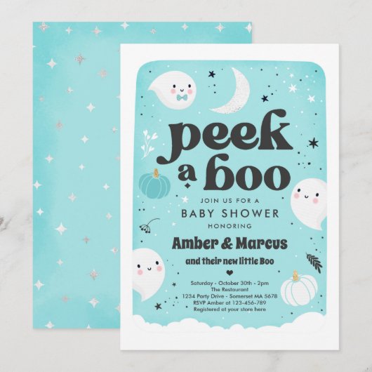 Invitation Baby shower Fantôme Boo Cute Mint (Devant / Derrière)
