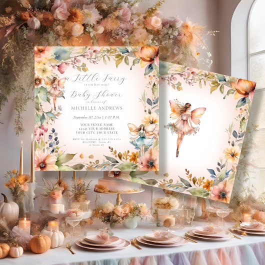 Invitation Baby shower Fée Enchantée Chute Florale Rose Fille