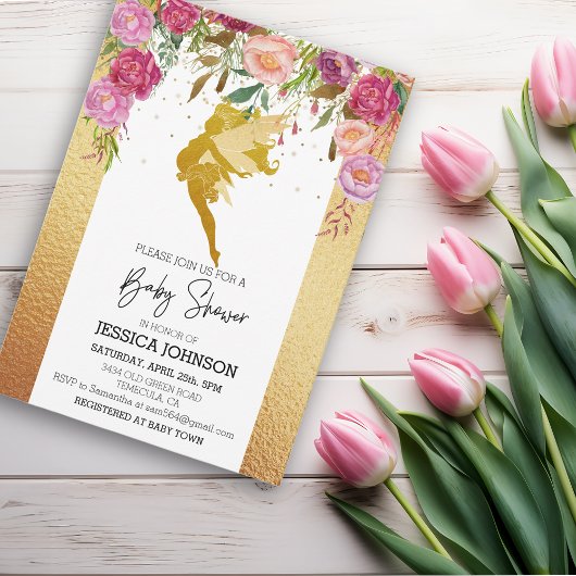 Invitation Baby shower Fée Or Rose Floral