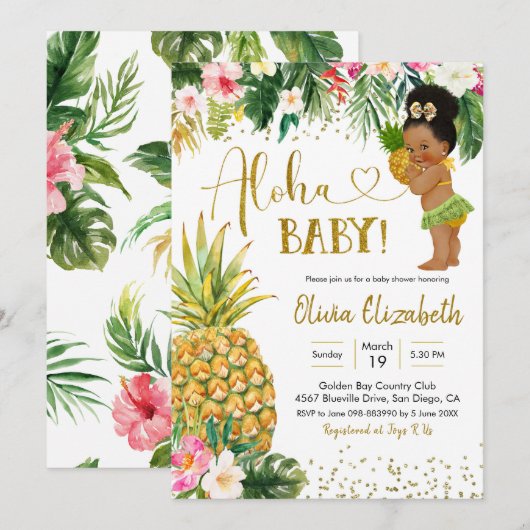 Invitation Baby shower féminin afro-tropical Luau (Devant / Derrière)