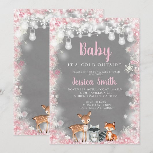 Invitation Baby shower féminin de Woodland Rose d'hiver (Devant / Derrière)