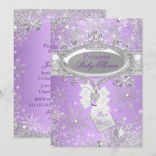 Invitation Baby shower féminin d'hiver Princesse violette (Devant / Derrière)