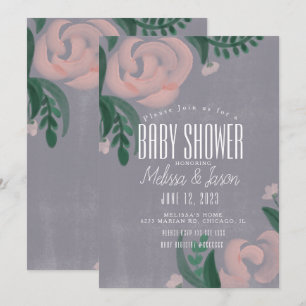 Invitation Baby Shower Ferme Rustique Fleurs Rose Pâle Grises