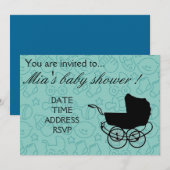 Invitation Baby shower fête bleu bébé garçon (Devant / Derrière)