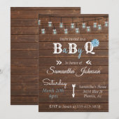 Invitation Baby Shower Fête Bleue Garçon BBQ Bois Rustique (Devant / Derrière)