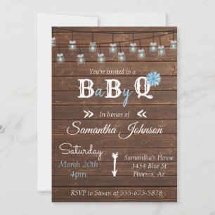 Invitation Baby Shower Fête Bleue Garçon BBQ Bois Rustique