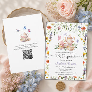 Invitation Baby Shower Fête de Thé QR Code aux Fleurs Sauvage