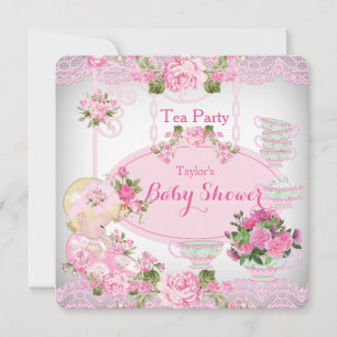 Invitation Baby Shower Fête de Thé Vintage Lace Rose Floral B
