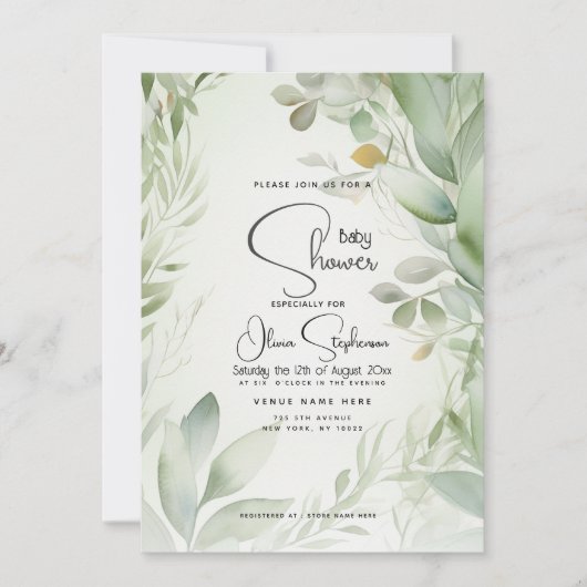 Invitation Baby shower - Feuillage d'aquarelle (Devant)