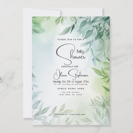 Invitation Baby Shower - Feuillage vert et sarcelle pâle (Devant)