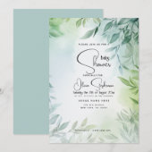 Invitation Baby Shower - Feuillage vert et sarcelle pâle (Devant / Derrière)