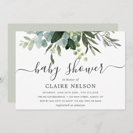 Invitation Baby Shower Feuillage Vert Eucalyptus (Devant / Derrière)