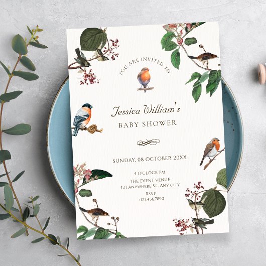 Invitation Baby shower Feuille aux oiseaux