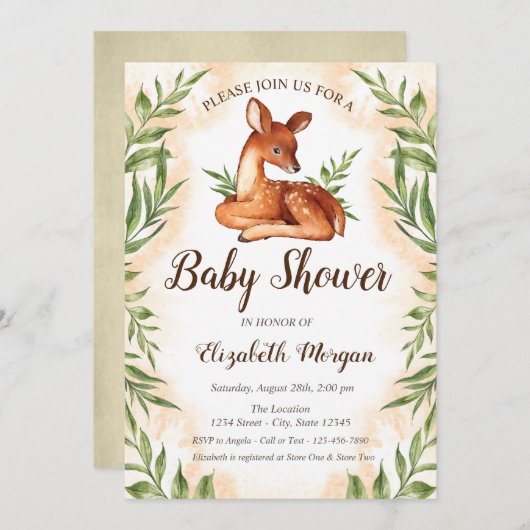 Invitation Baby shower Feuille Baby Deer (Devant / Derrière)