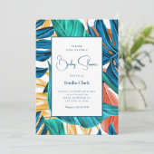 Invitation Baby shower feuille bleu tropical jaune (Debout devant)