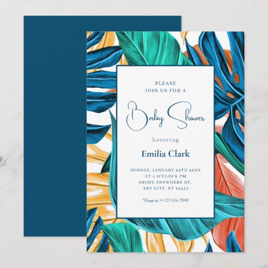 Invitation Baby shower feuille bleu tropical jaune (Devant / Derrière)