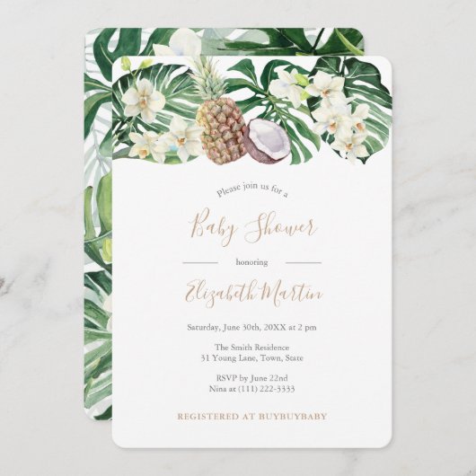 Invitation Baby shower Feuille d'aquarelle tropicale (Devant / Derrière)
