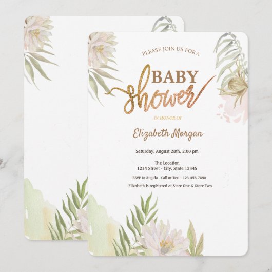 Invitation Baby shower Feuille de fleurs tropicales exotiques (Devant / Derrière)