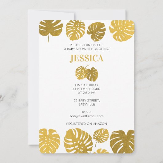 Invitation Baby shower Feuille de la Monstera d'or moderne (Devant)