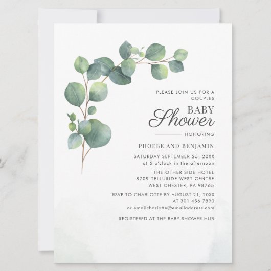 Invitation Baby shower Feuille des Couples Botaniques Eucalyp (Devant)