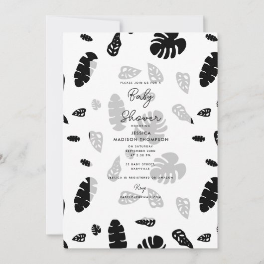 Invitation Baby shower Feuille d'été tropical noir et blanc (Devant)