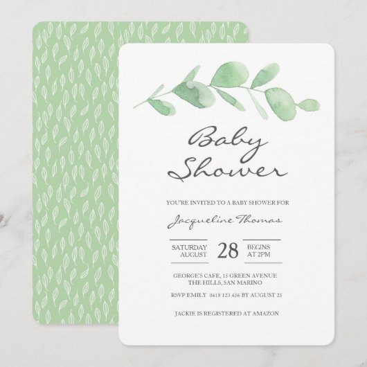 Invitation Baby shower| Feuille d'eucalyptus (Devant / Derrière)