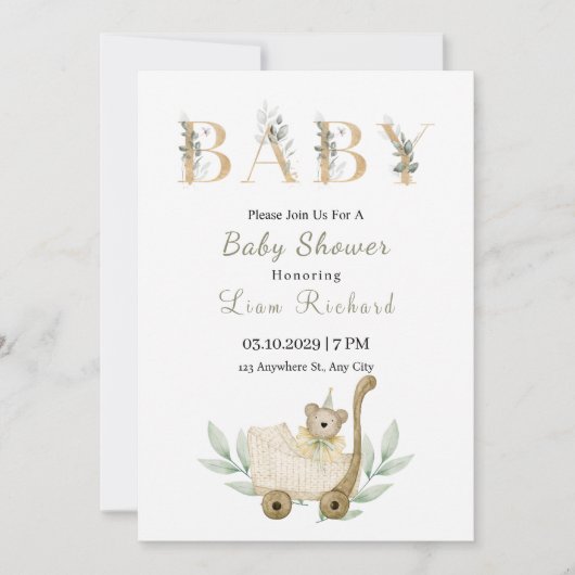 Invitation Baby shower feuille d'eucalyptus doux (Devant)