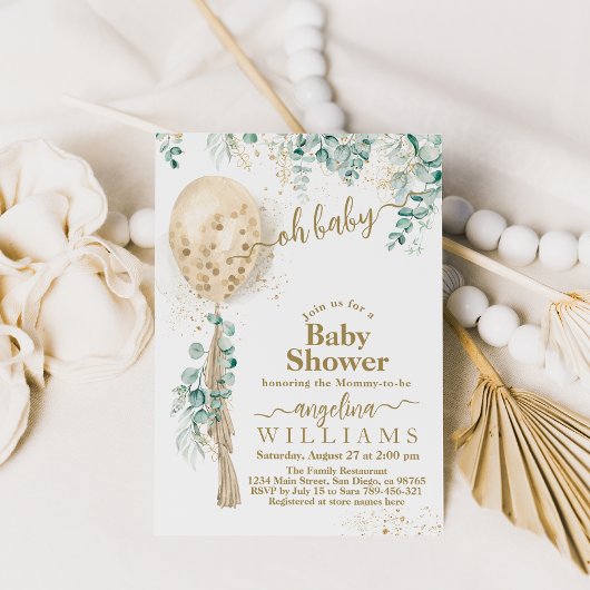 Invitation Baby shower feuille d'or de Balloon Eucalyptus