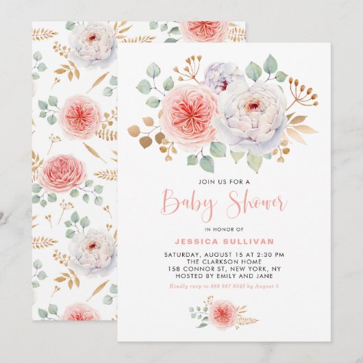 Invitation Baby shower Feuille d'or Peach Peonies d'aquarelle (Devant / Derrière)